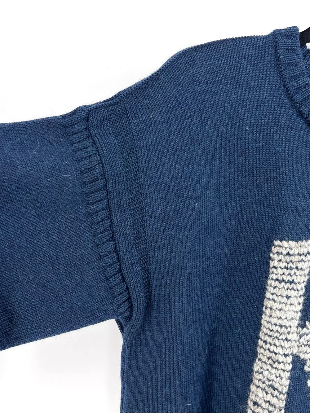 Vintage Guernsey Woollens Navy Blue Wool Fisherman Sweater Monogram K Sz L Prep
